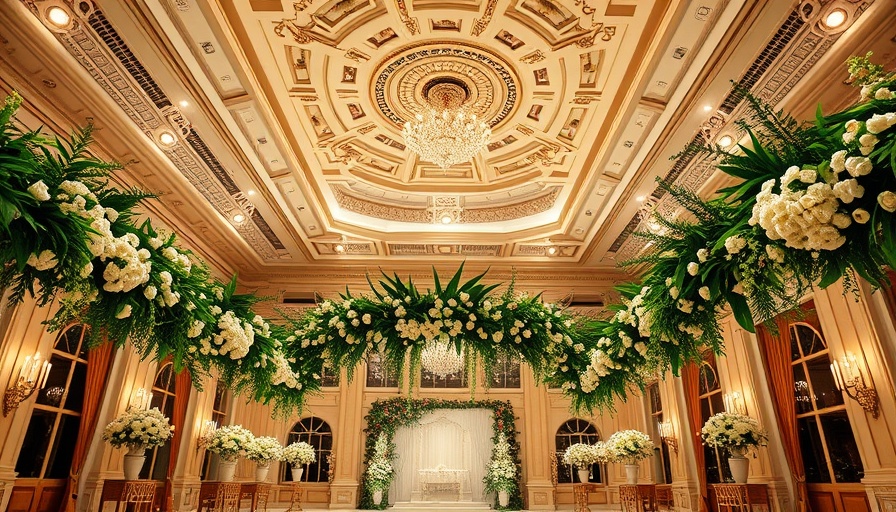 Opulent wedding venue setup with greenery and elegant decor.
