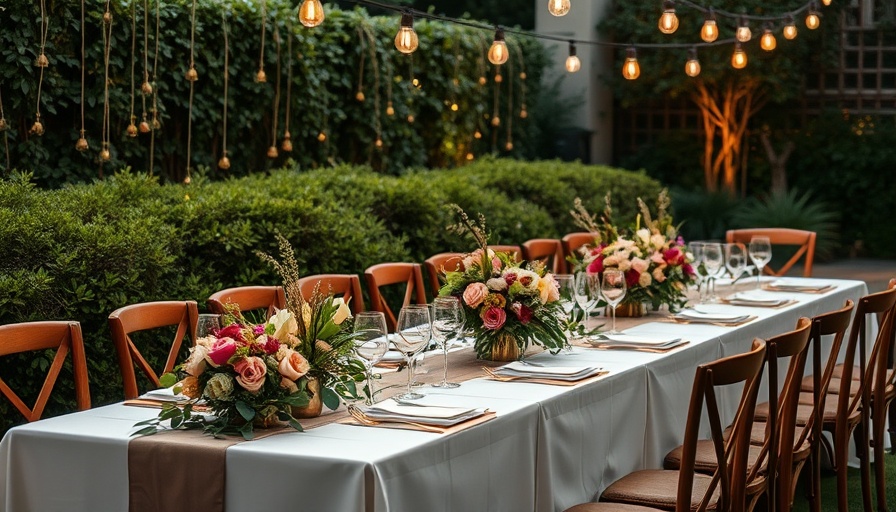 Elegant Portland rehearsal dinner flowers and table setting in garden.