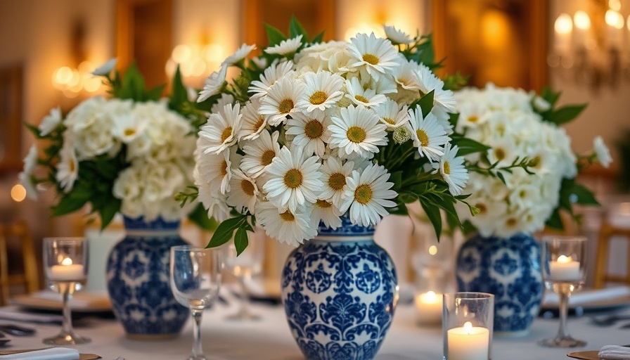 Artistic floristry arrangement with white flowers in blue vases.