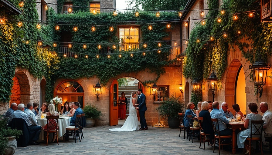 Charming outdoor wedding venue with fairy lights and ivy-clad walls.