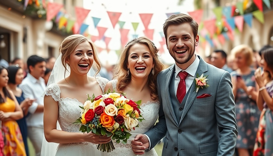 Joyful wedding couple celebrating at a venue with guests.
