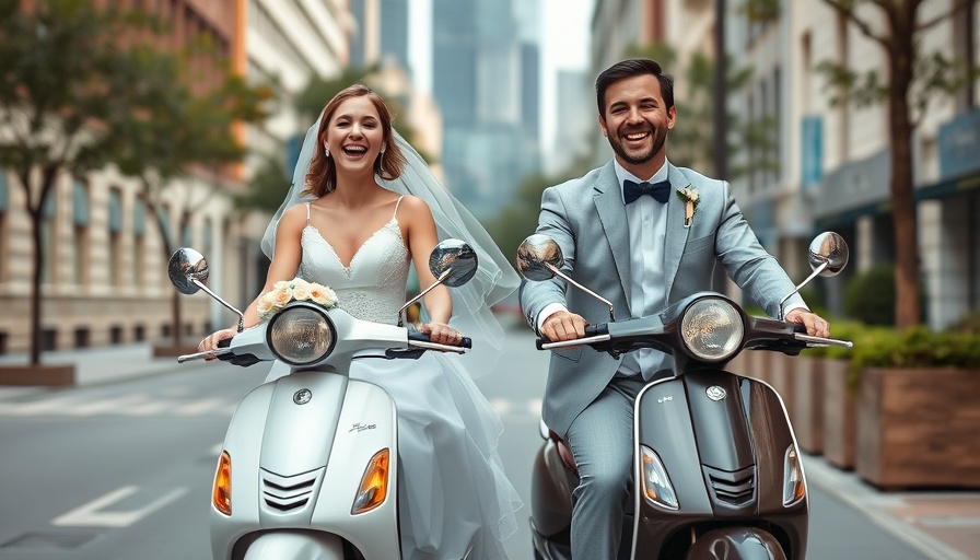 Recession-proof wedding planning with playful bride and groom on scooters.