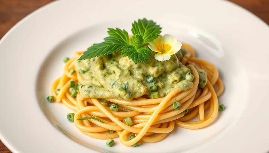 Elegant summer wedding dish with zucchini flower, vibrant colors.