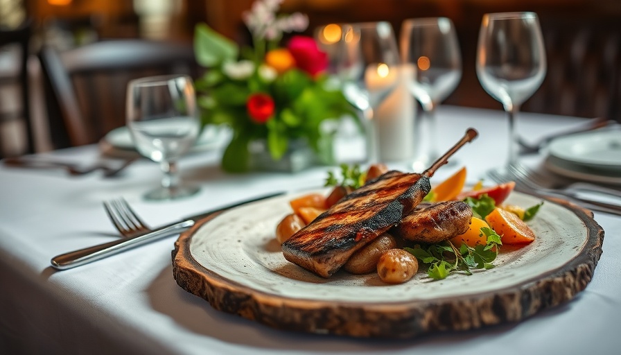 Gourmet wedding meal on rustic plate showcasing wedding food service styles.