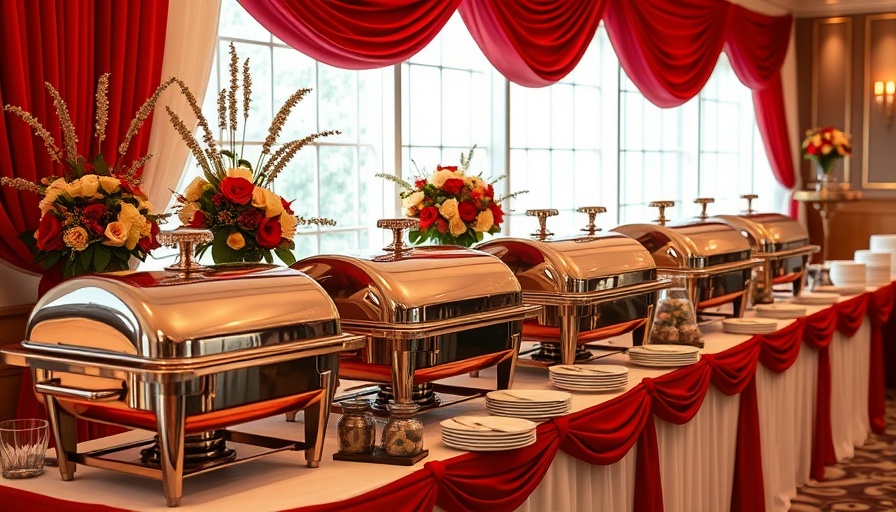 Wedding buffet with elegant chafing dishes and floral decor at a catered event in Singapore.