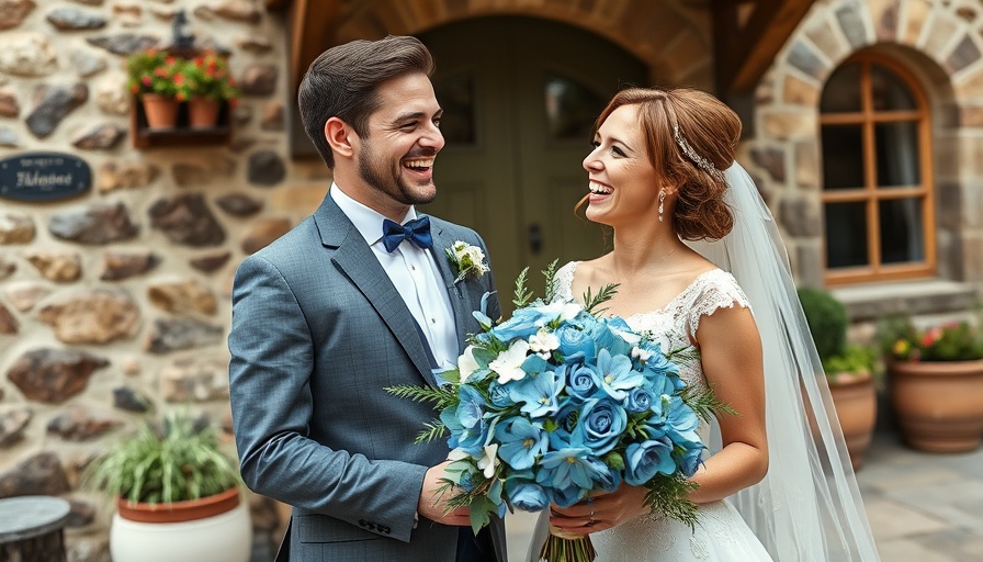 Joyful wedding couple with blue flowers, something blue wedding theme.