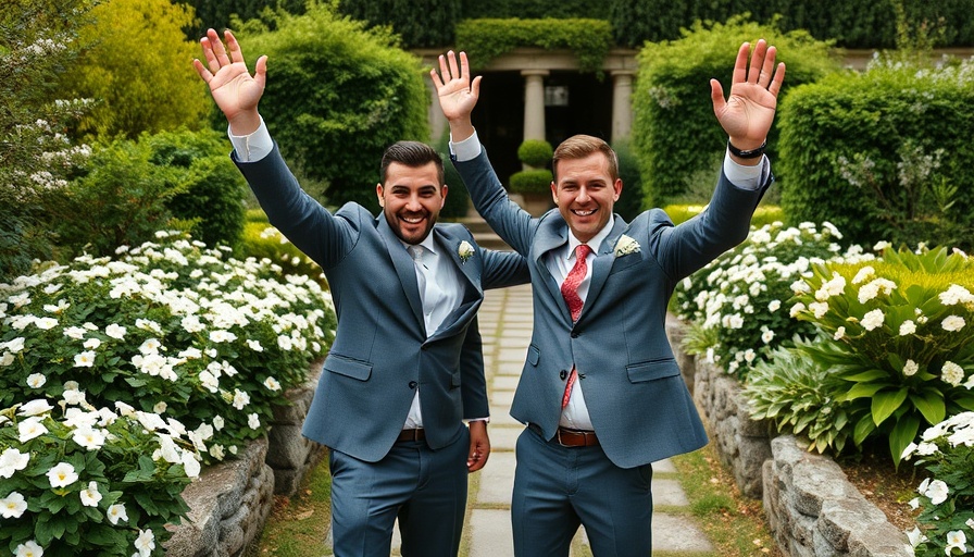 Joyful LGBTQ wedding with grooms celebrating outdoors.