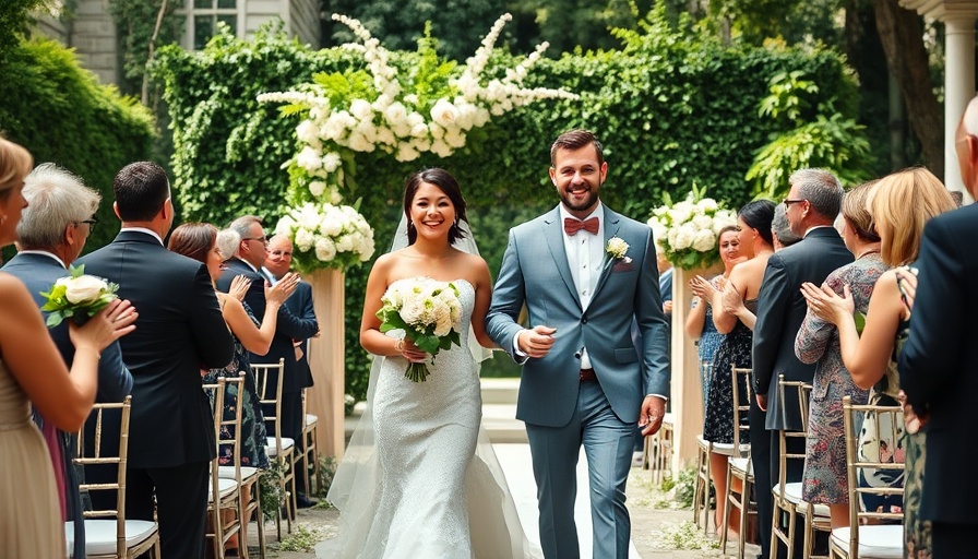 Elegant outdoor wedding with cheerful couple and lush backdrop at wedding venues near me.