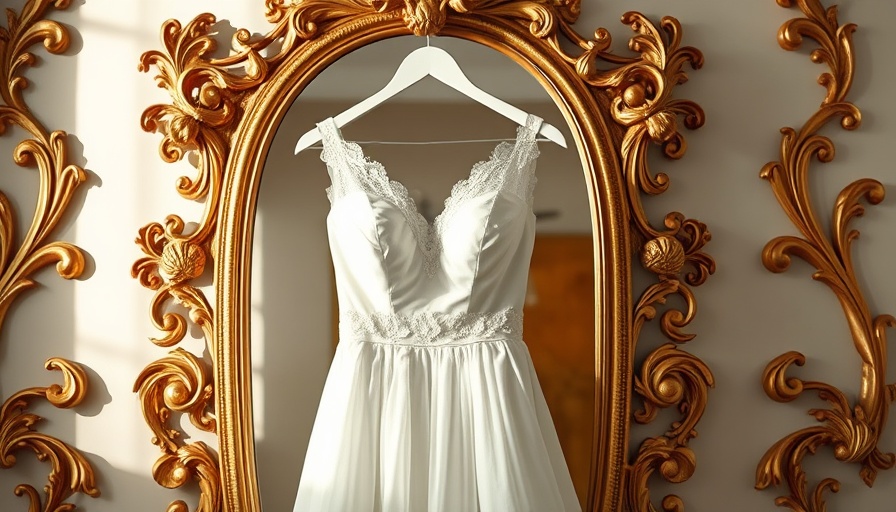 Elegant white dress on ornate mirror, seamstress Ireland.