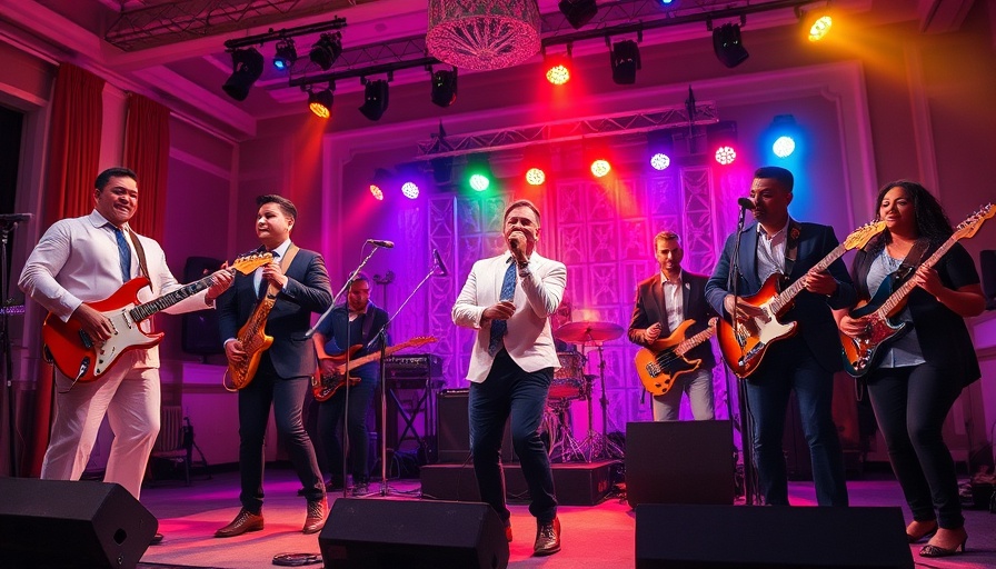 Wedding band performing on a dance floor with vibrant lighting.