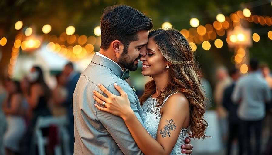 Couple embracing outdoors, romantic wedding venue scene.