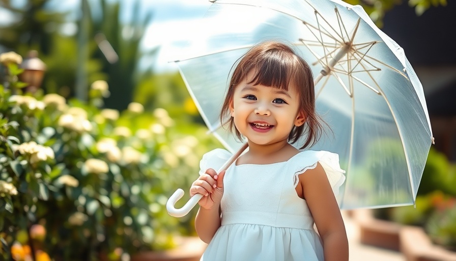 Child with wedding parasol in garden under sunny sky.