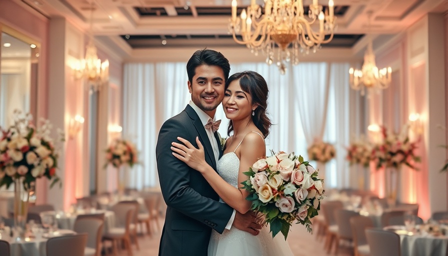 Joyful couple embracing in a chic wedding venue near me, elegant atmosphere.