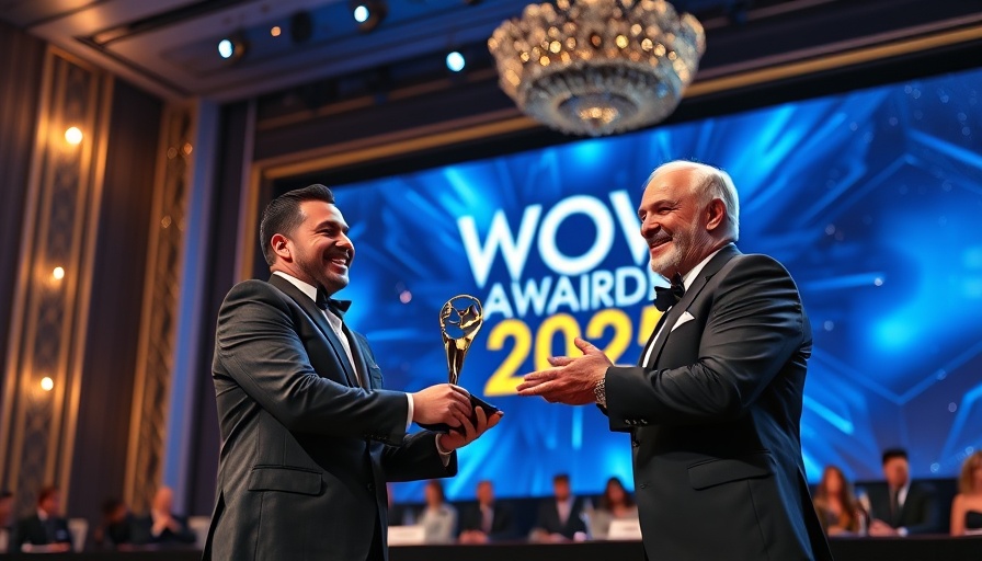 Two men at WOW Awards 2025 ceremony stage smiling with award.