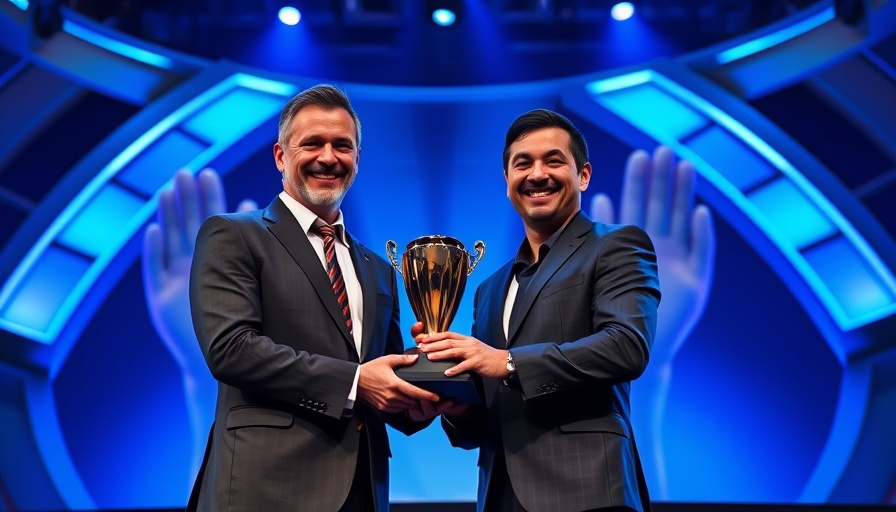 Elegant award ceremony with men holding trophy, futuristic stage.