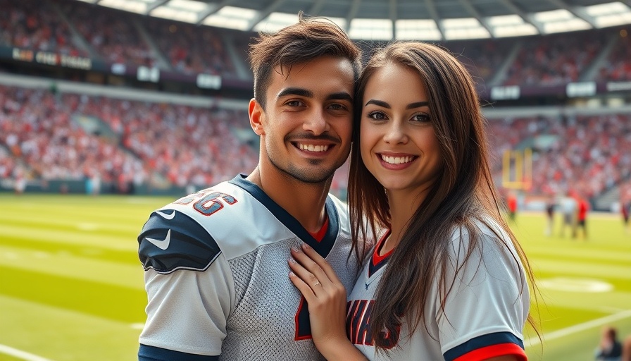 Young woman and football player posing in energetic stadium scene.