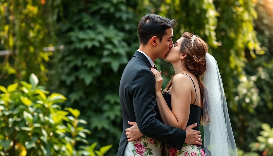 Bride and groom kissing at unique wedding venue surrounded by greenery.