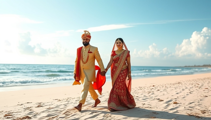 Couple in traditional Indian attire at a beachfront, sustainable weddings 2025.