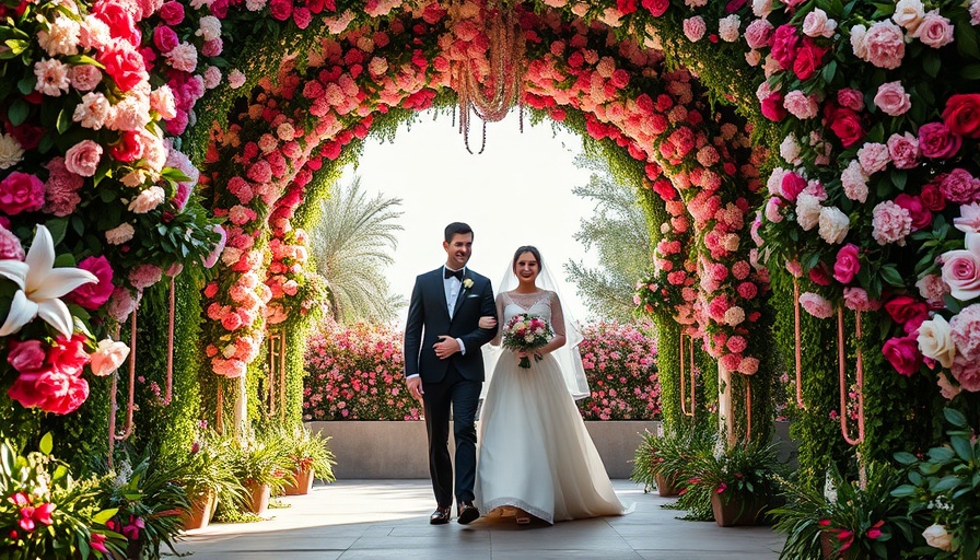 Elegant couple at wedding venue, surrounded by floral arch.