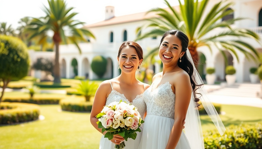 Bride and sister as bridesmaid posing happily in a garden.