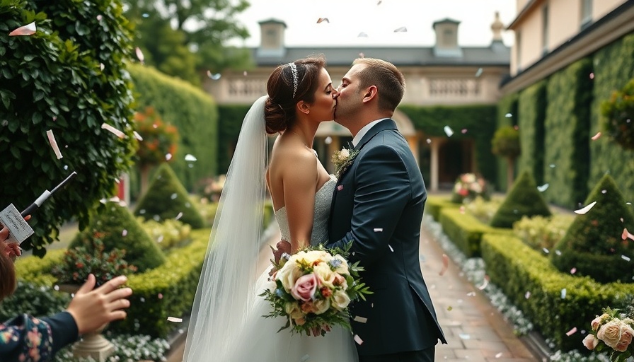Beautiful wedding scene at elegant venues, couple kissing, confetti falling.