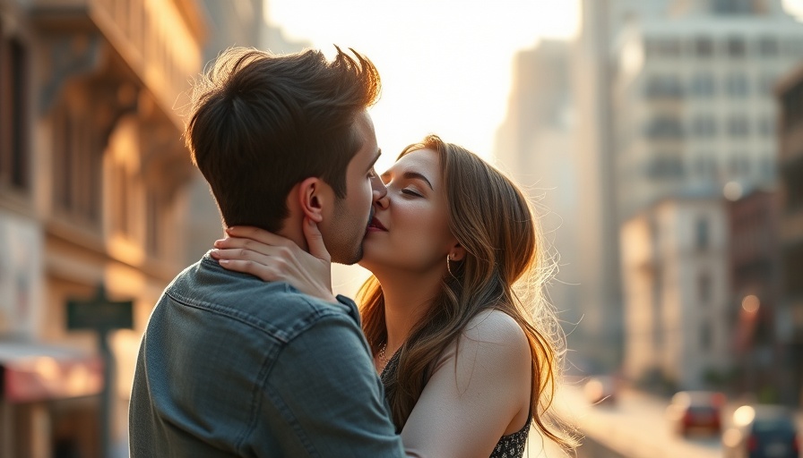 Romantic couple kissing in a candid moment, cityscape blurred.
