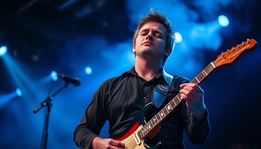 Musician performing on stage with guitar under blue lights at a unique venue.