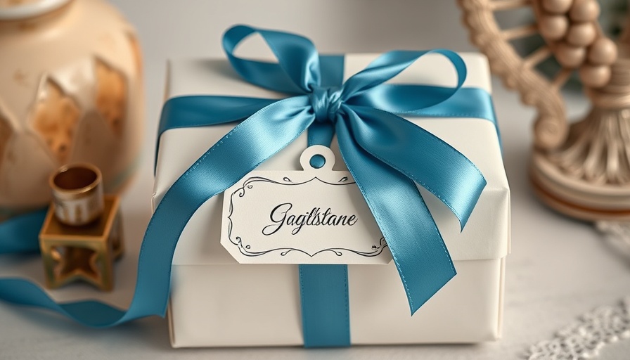 Elegant bridesmaid gift box with blue ribbon and personalized note.