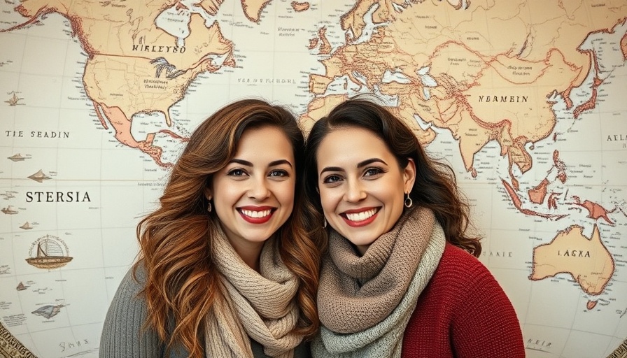 Joyful women posing with a map backdrop, wedding venues near me.