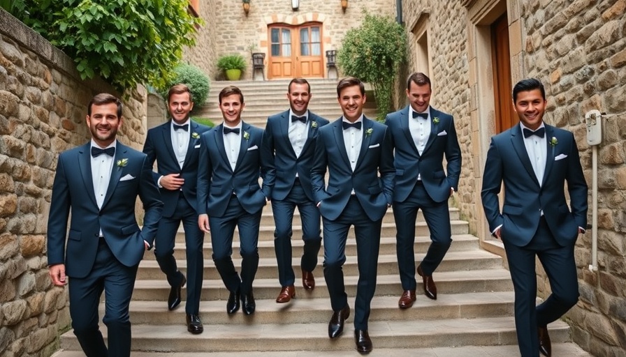 Groomswear style glossary: men in suits walking down stairs.