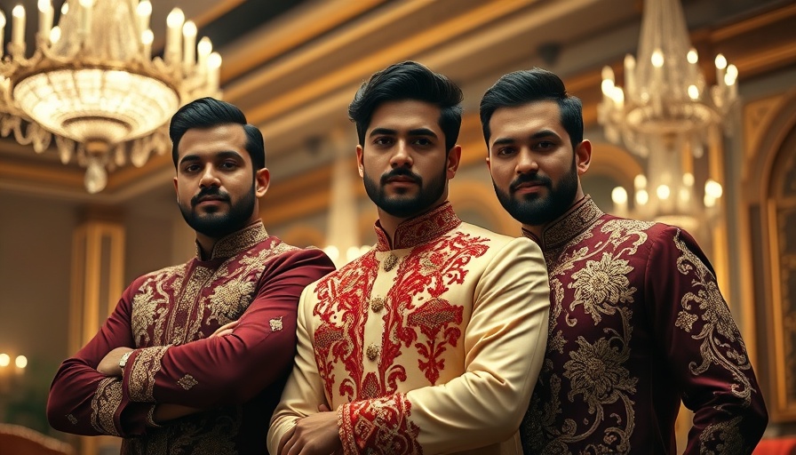 Elegant men in embroidered attire amidst ornate setting.