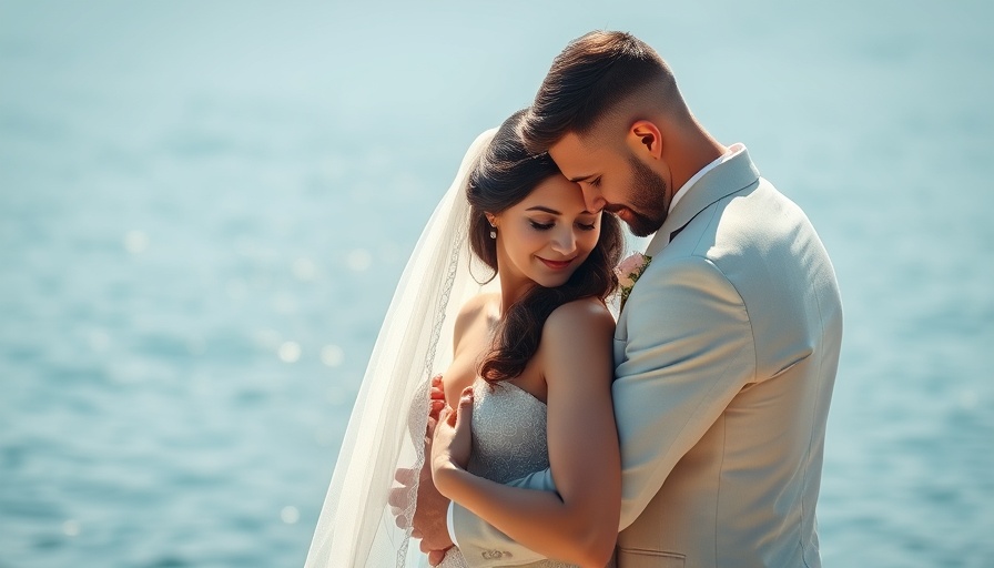 Groom with beard embraces bride outdoors