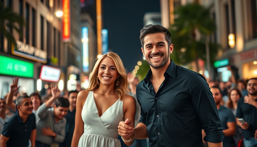 Happy couple walking together, fans in backdrop, nighttime street.