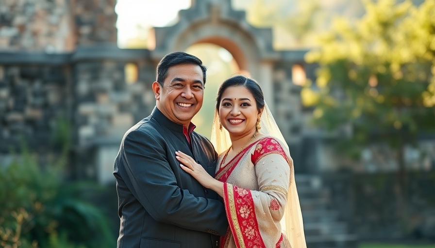 Smiling couple embracing at intimate wedding venue, traditional attire.