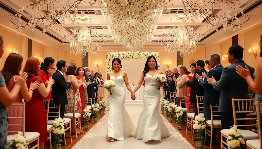 Elegant wedding at a venue with floral decor and joyful brides