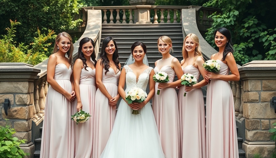 Bridesmaids in blush dresses pose with bride on vintage staircase.