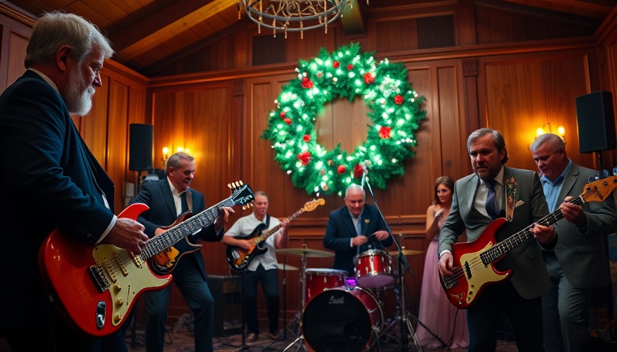 Energetic wedding band performing with festive décor