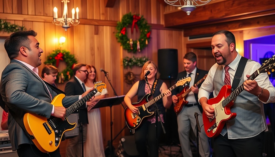 Lively wedding band providing entertainment at a festive reception.