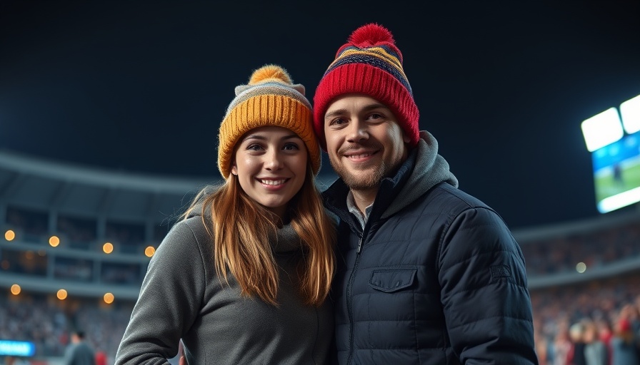 Couple in beanies at a stadium event, highlighting togetherness.
