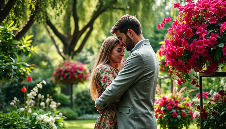 Couple embracing in a lush garden with flowers, romantic setting.