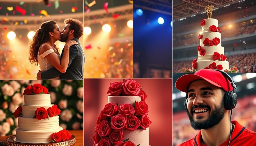 Dynamic collage of celebrations including a wedding cake and performers.