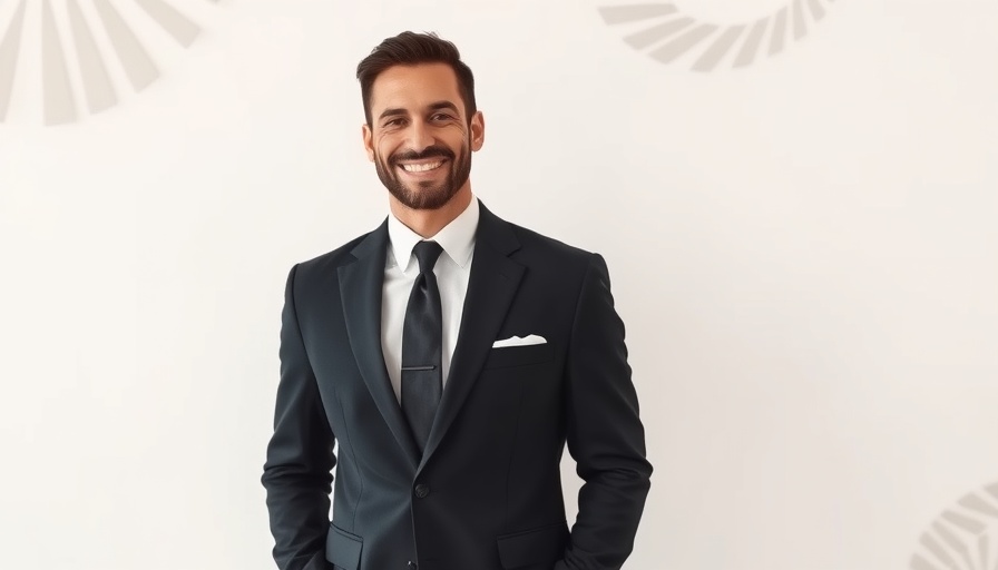 Man in formal suit smiling, pink backdrop.