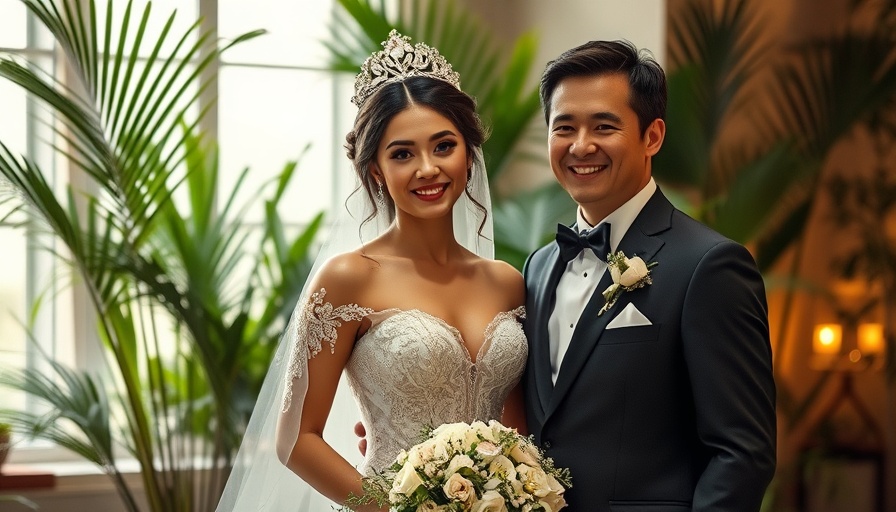 Elegant bride in unique wedding dress with crystal headpiece.