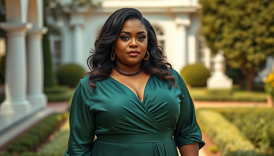 Plus size woman in green satin dress, elegant wedding guest style.