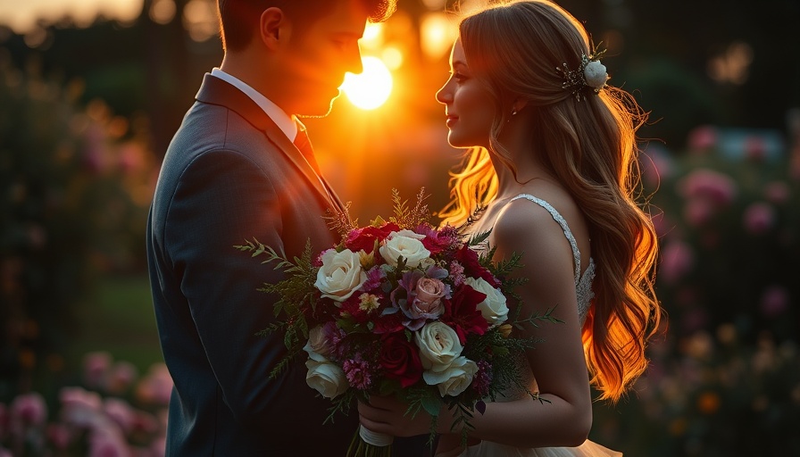 Romantic couple embracing in a garden at sunset.