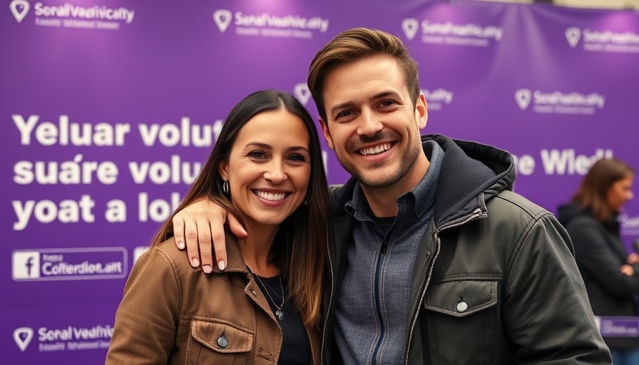 Smiling couple at event, casual attire, purple backdrop.