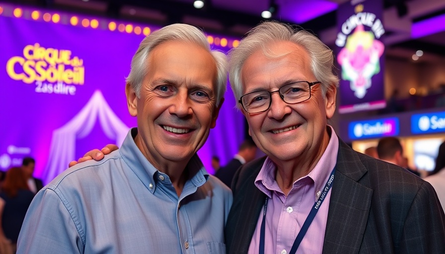 Elderly couple smiling at Cirque du Soleil event with purple backdrop.