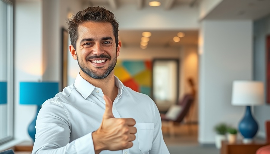 Man in white shirt giving thumbs up in modern setting.