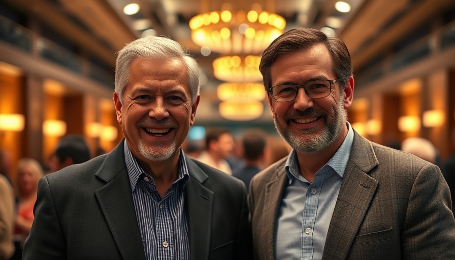 Two men smiling at a lively event venue with warm lighting.