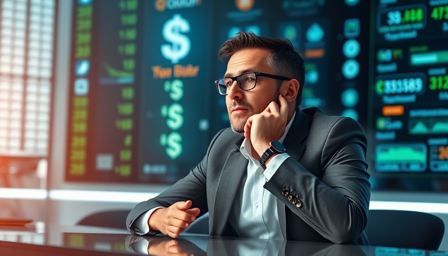 Businessman discussing boring AI business ideas with digital overlay.